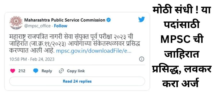 मोठी संधी ! या पदांसाठी MPSC ची जाहिरात प्रसिद्ध, लवकर करा अर्ज